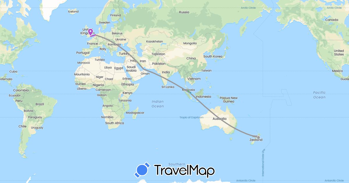 TravelMap itinerary: driving, bus, plane, train, boat in United Arab Emirates, Australia, United Kingdom, Indonesia, Malaysia, Netherlands, New Zealand, Singapore (Asia, Europe, Oceania)